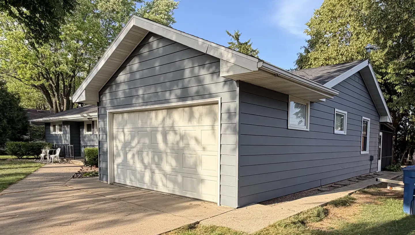 House and detached garage finished in the same gray.