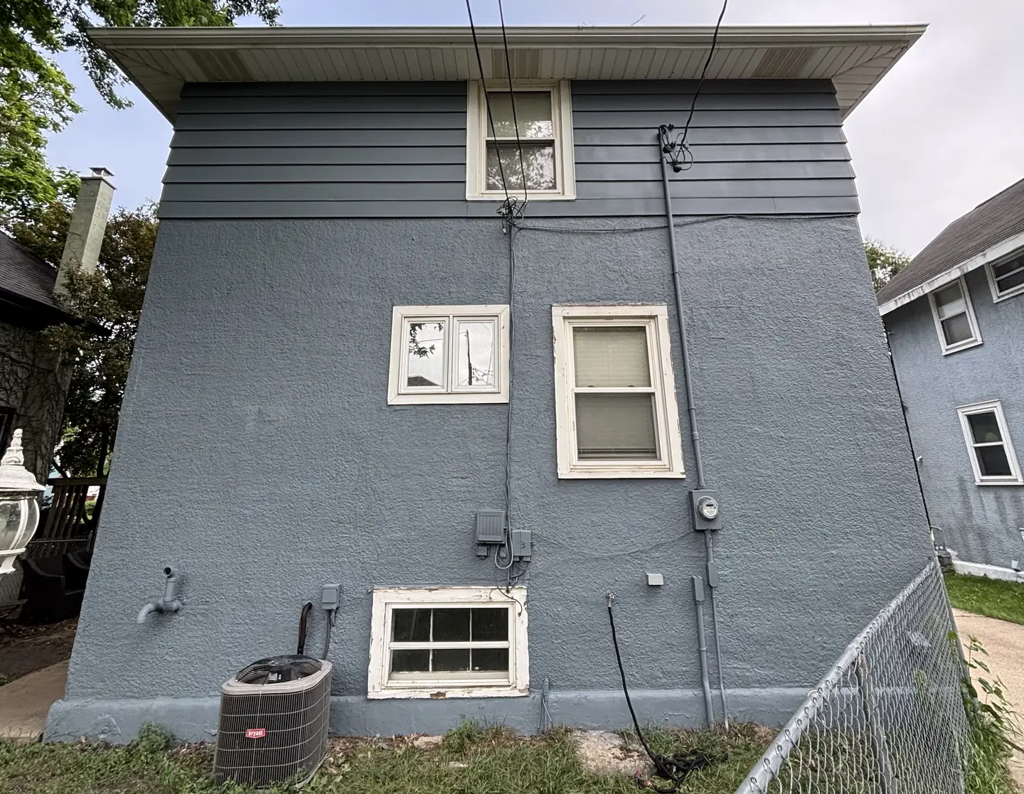 Stucco finished in blue-gray.